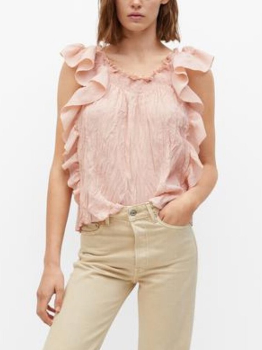 NWT Mango | Women’s Light Peach Smocked Ruffle Sleeve Wrinkle Tunic Top Size M
